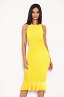 Yellow Bodycon Midi Dress With Frill Hem