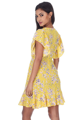 Yellow Floral Frill Detail Mini Dress