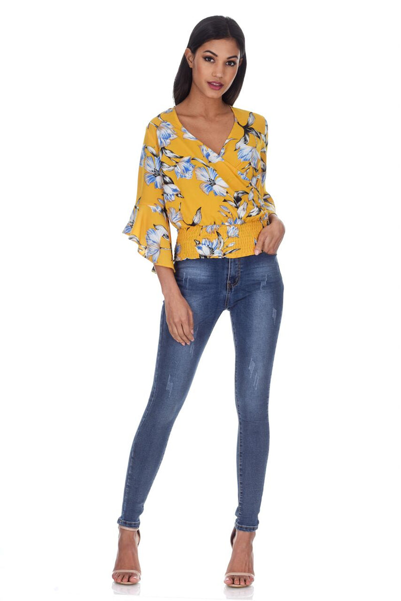 Yellow Floral Top With Flared Sleeves