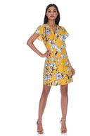 Yellow Floral Wrap Dress With Ruffled Sleeves