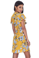 Yellow Floral Wrap Dress With Ruffled Sleeves