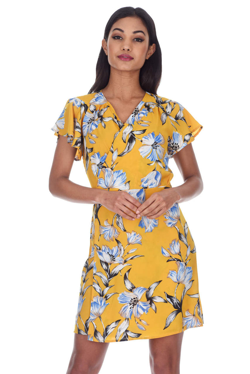 Yellow Floral Wrap Dress With Ruffled Sleeves