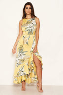 Yellow Frilled Floral Midi Dress with Side Slip