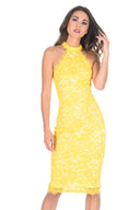 Yellow High Neck Lace Midi Dress