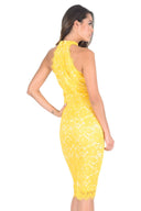 Yellow High Neck Lace Midi Dress