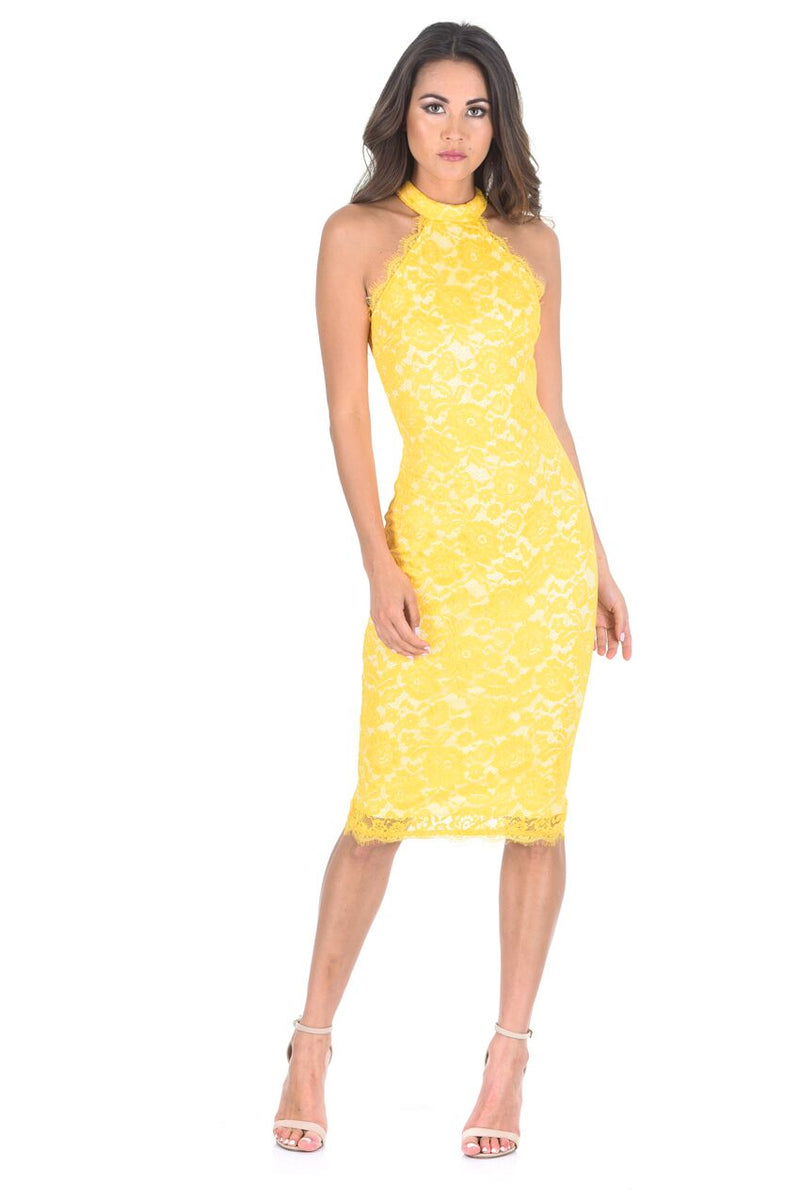 Yellow High Neck Lace Midi Dress