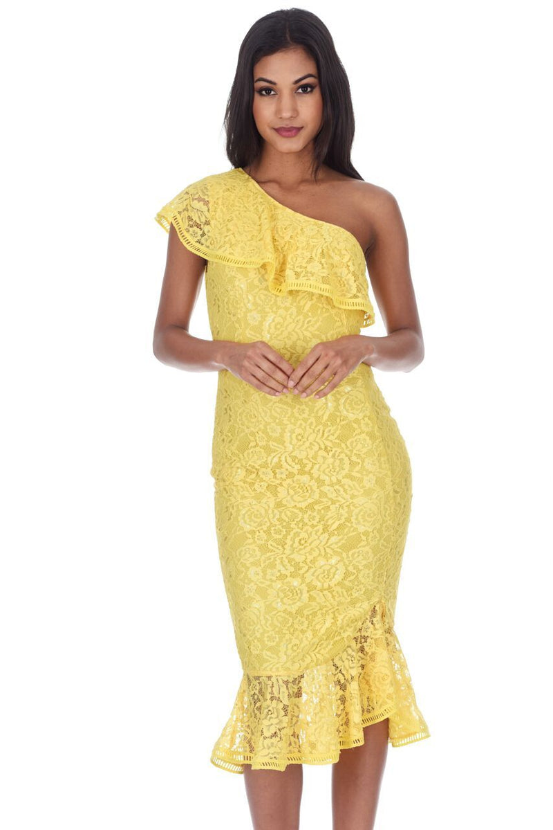 Yellow Lace One Shoulder Frill Detail Midi Dress