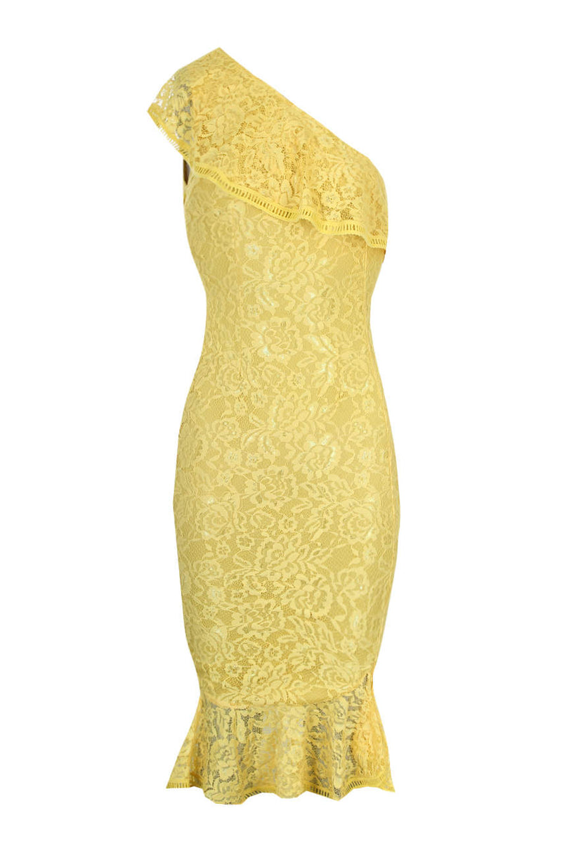 Yellow Lace One Shoulder Frill Detail Midi Dress
