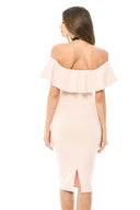 Pink Off The Shoulder Frill Bodycon Midi Dress