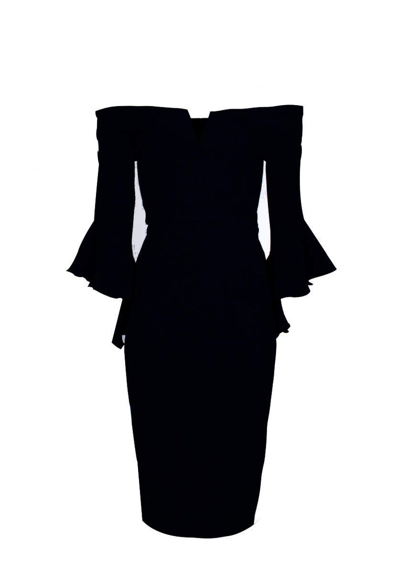 Black Notch Front Frill Sleeve Midi Dress