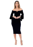 Black Notch Front Frill Sleeve Midi Dress