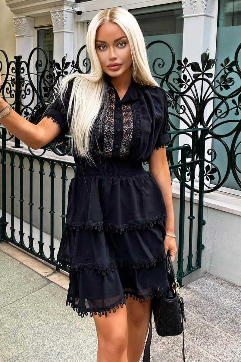 Black Crochet Detail Tiered Dress AX Paris Black Crochet Detail Tiered Dress AX Paris