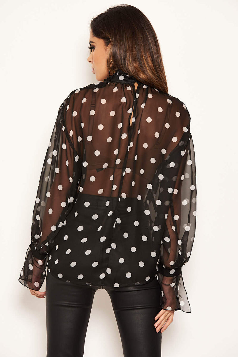 Black Polka Dot Chiffon High Frill Neck Top