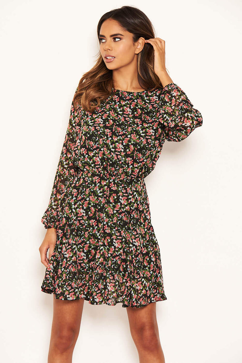 Black Chiffon Ditsy Floral Dress