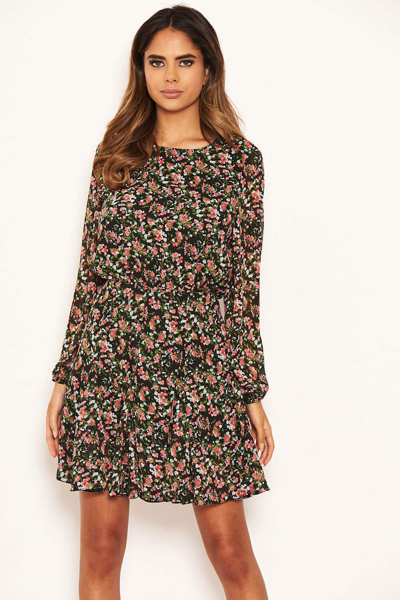 Black Chiffon Ditsy Floral Dress