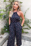 Black Floral Drawstring Culotte Jumpsuit