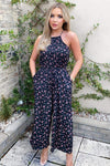 Black Floral Drawstring Culotte Jumpsuit