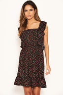 Black Ditsy Floral Square Neck Frill Dress