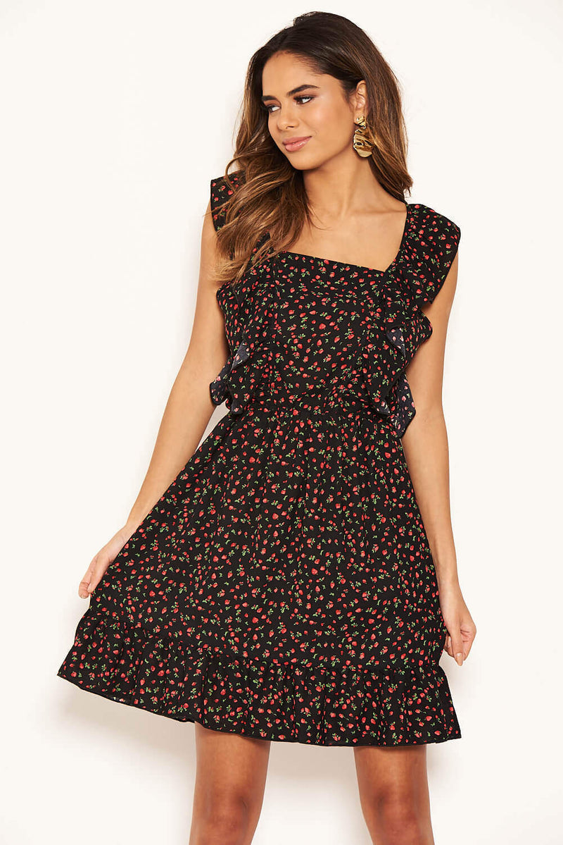 Black Ditsy Floral Square Neck Frill Dress