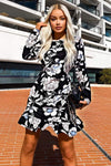 Black Floral Print Long Puff Sleeve Dress