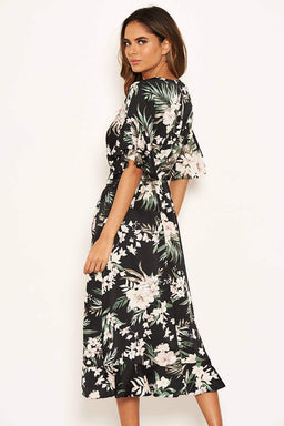 Black Floral Frill Wrap Midi Dress – AX Paris