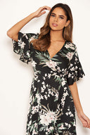 Black Floral Frill Wrap Midi Dress