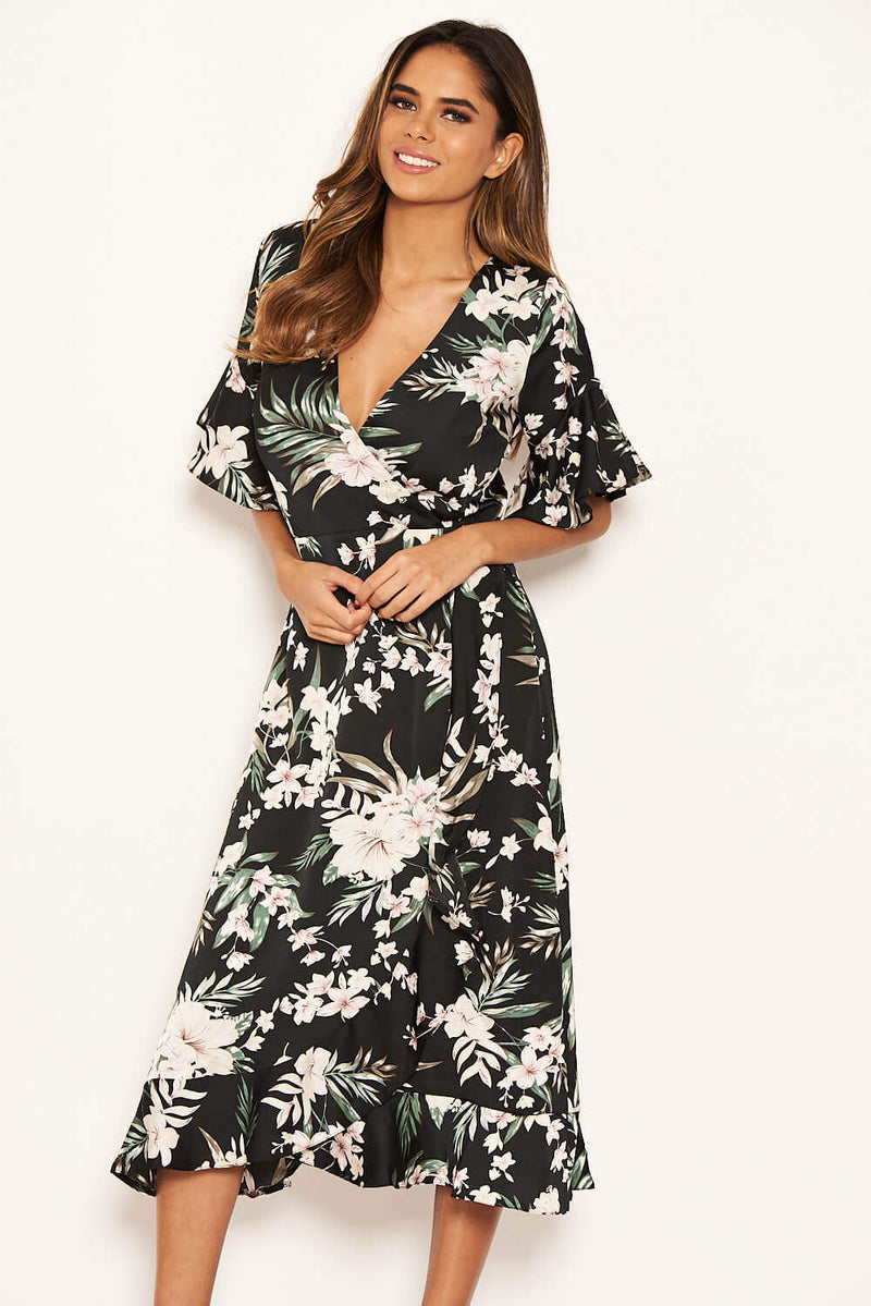 Black Floral Frill Wrap Midi Dress