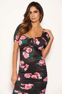 Black Rose Printed Ruched Tie Neck Midi Dress