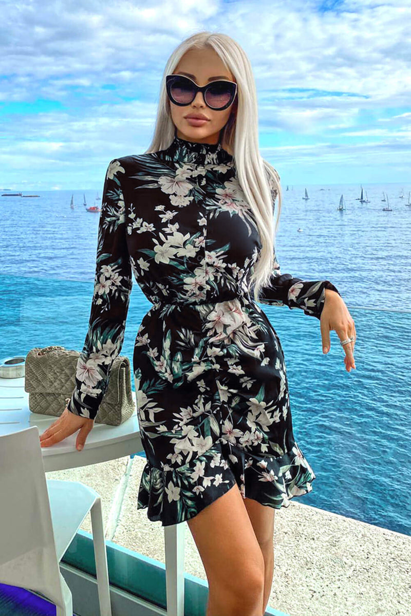 Black Floral Frill Shirt Dress – AX Paris