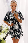 Black Floral Flute Sleeve Dress