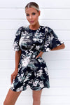 Black Floral Flute Sleeve Dress