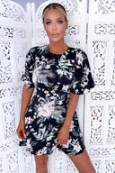 Black Floral Flute Sleeve Dress