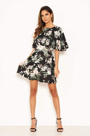 Black Floral Flute Sleeve Dress