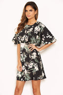 Black Floral Flute Sleeve Dress