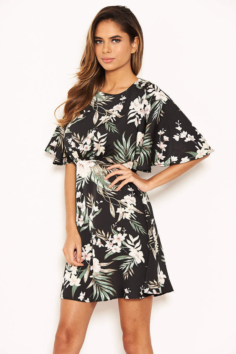 Black Floral Flute Sleeve Dress