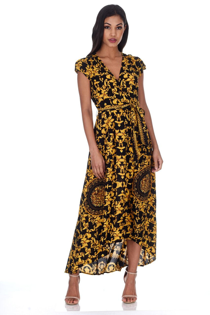 Black And Gold Patterned Wrap Over V Neck Dress AX Paris Black And Gold Patterned Wrap Over V Neck Dress AX Paris