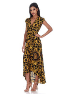 Black And Gold Patterned Wrap Over V Neck Dress