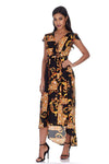 Black and Gold Patterned Wrap Over Tie Waist Belt Dress