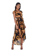 Black and Gold Patterned Wrap Over Tie Waist Belt Dress