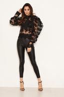 Black Embroidered Puff Sleeve Tie Neck Top