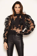 Black Embroidered Puff Sleeve Tie Neck Top