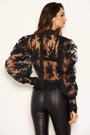 Black Embroidered Puff Sleeve Tie Neck Top