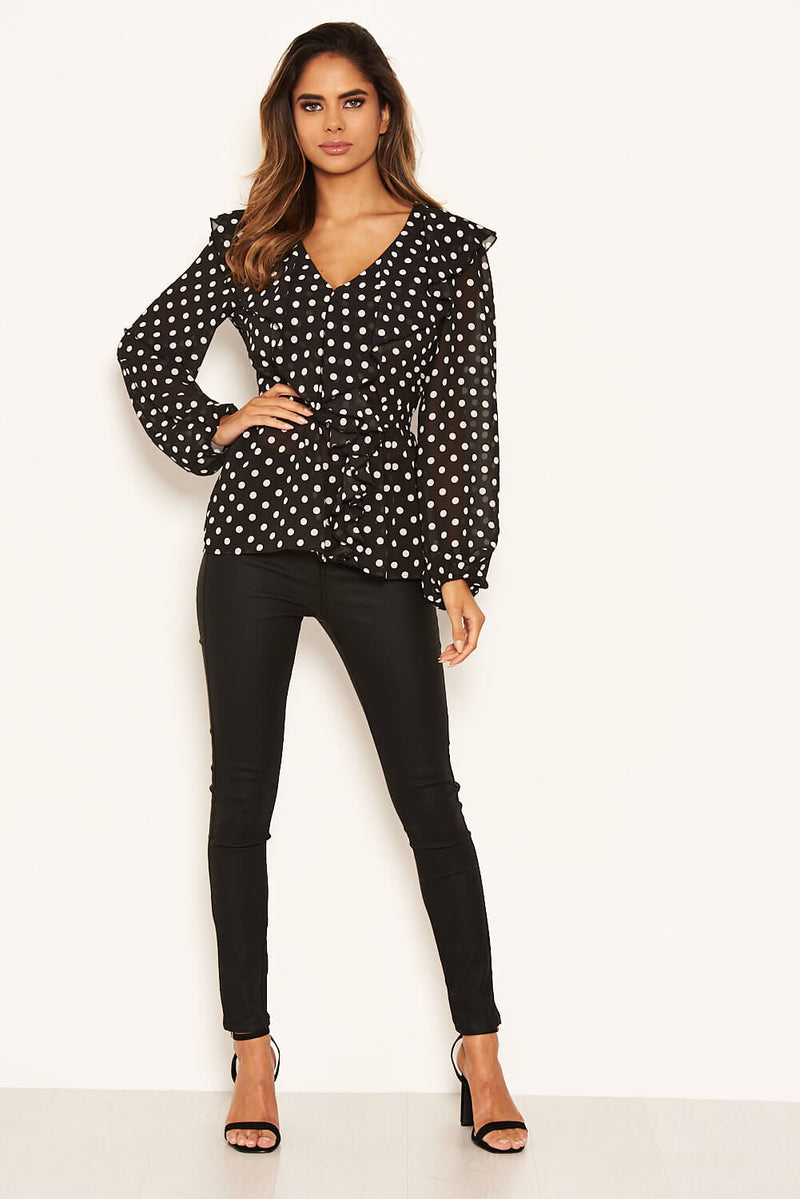 Black Ruffle Polka Dot Top