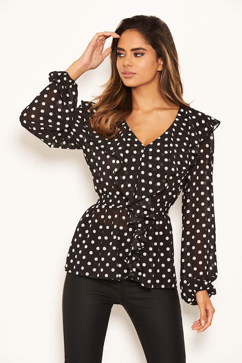 Black Ruffle Polka Dot Top