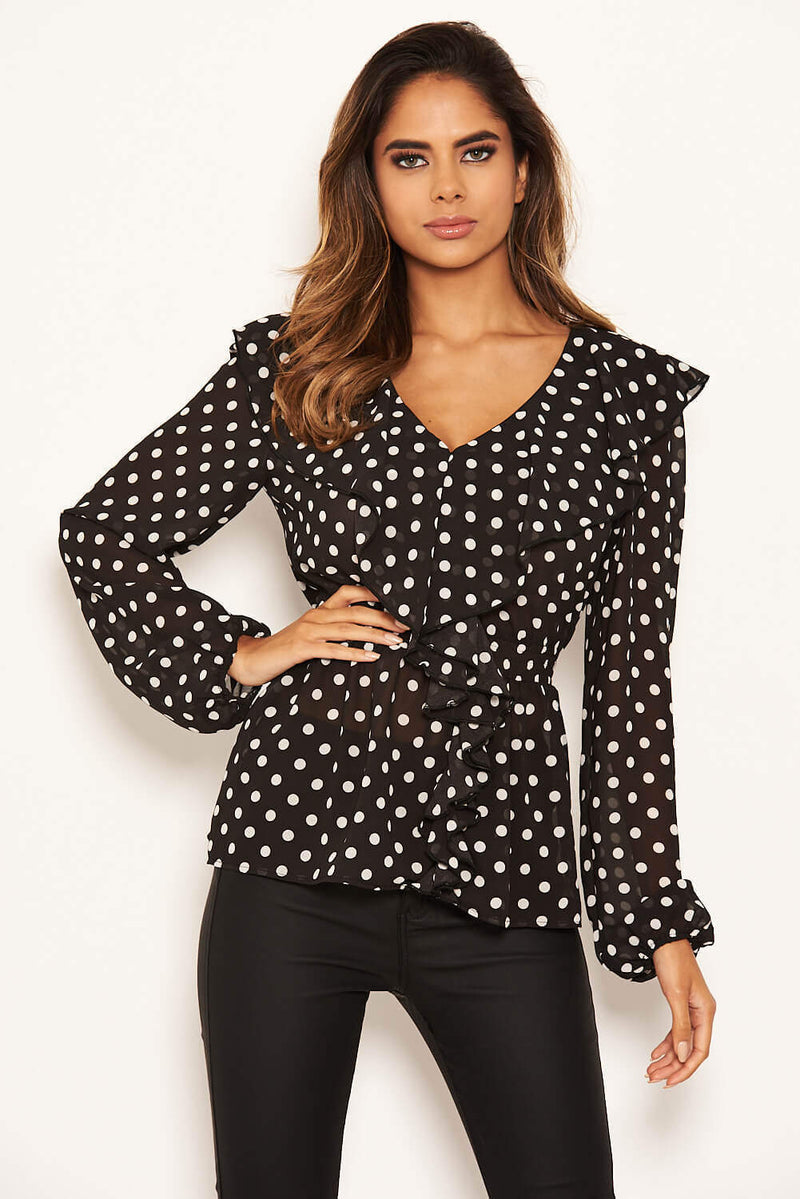 Black Ruffle Polka Dot Top