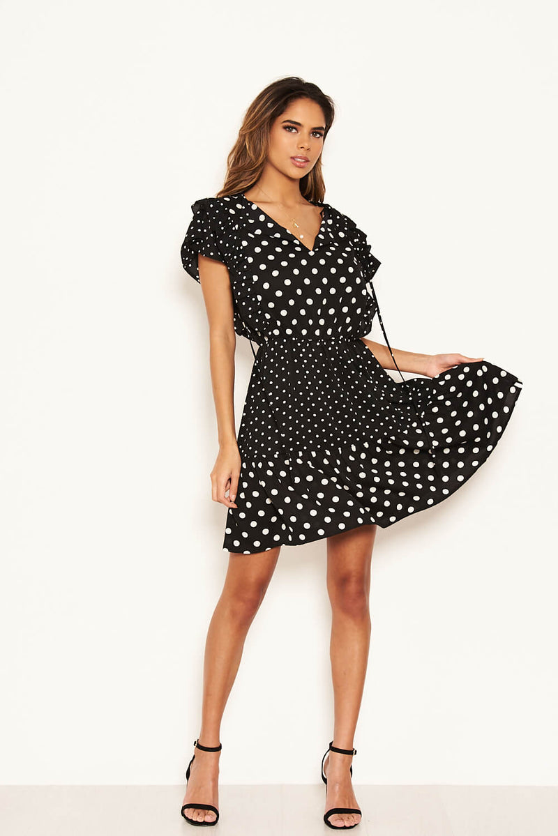 Black Mixed Polka Dot Frill Skater Dress