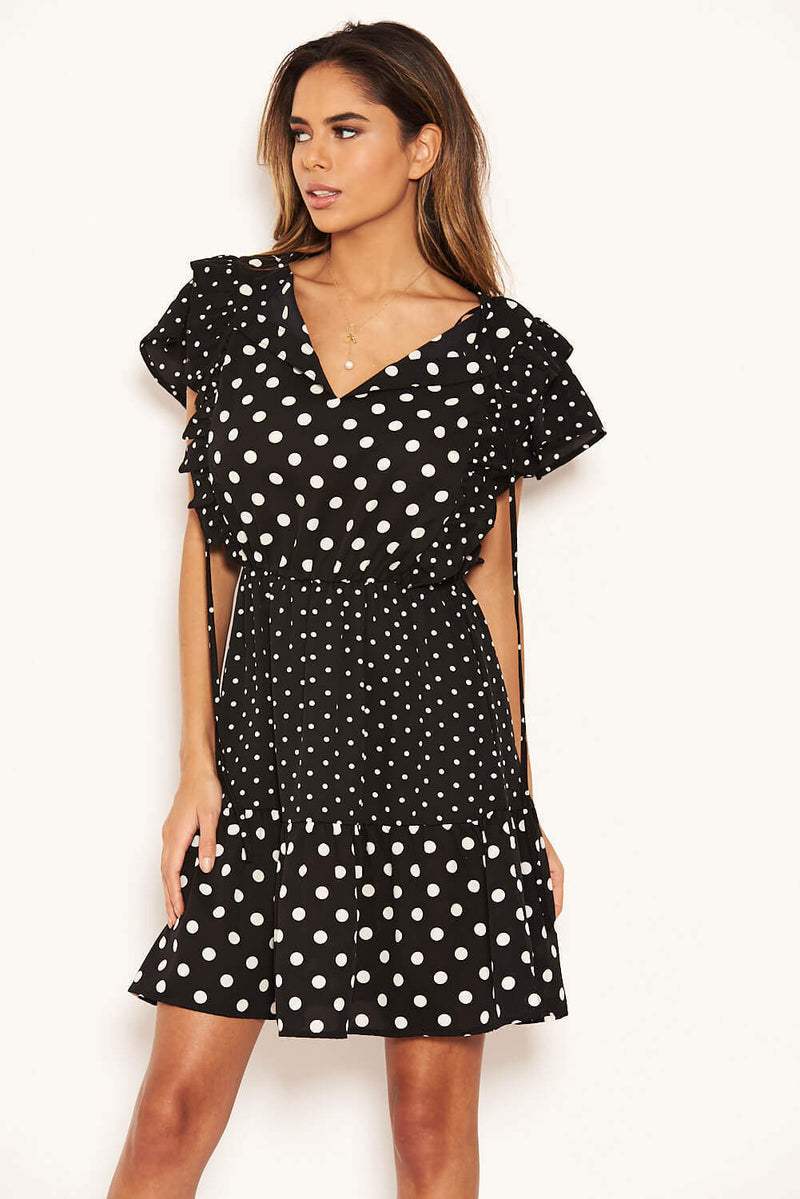 Black Mixed Polka Dot Frill Skater Dress