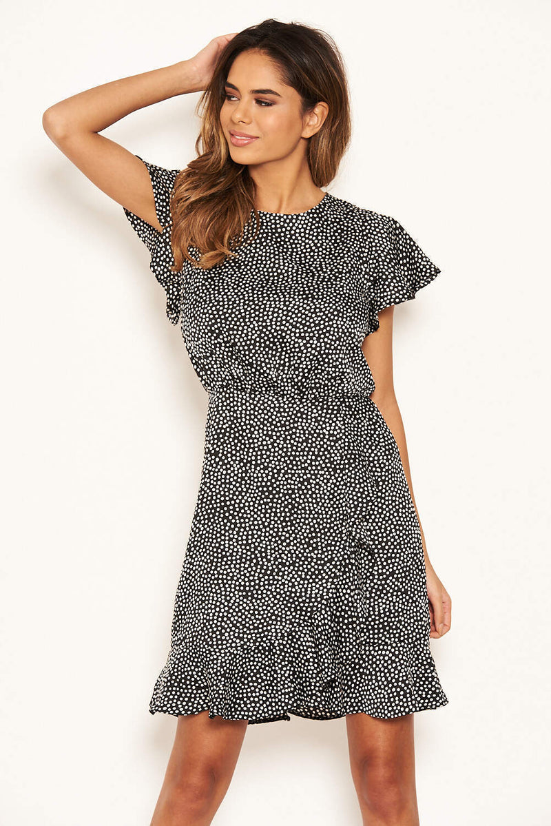 Black Polka Dot Wrap Frill Mini Dress