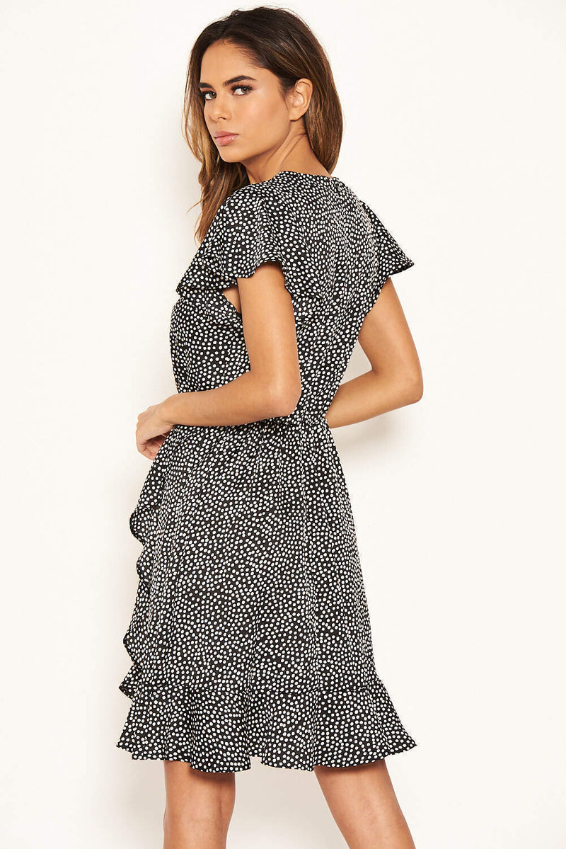 Black Polka Dot Wrap Frill Mini Dress