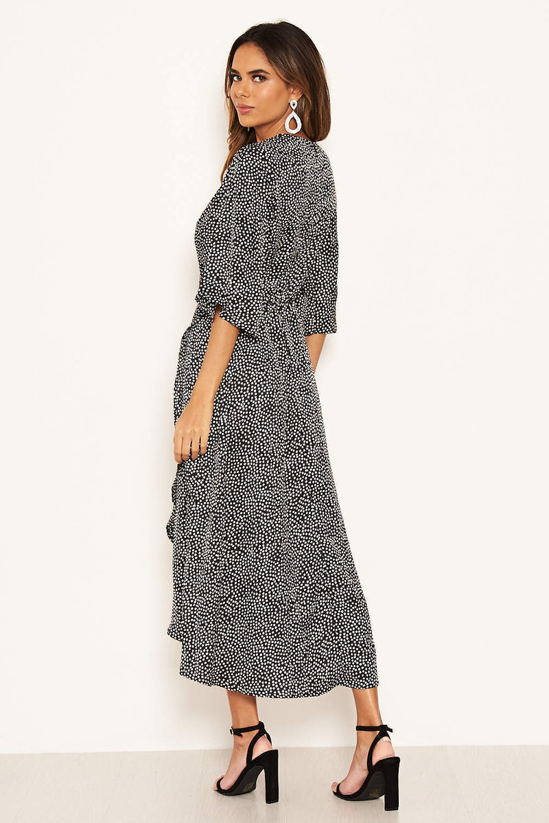 Black Polka Dot Frill Wrap Midi Dress